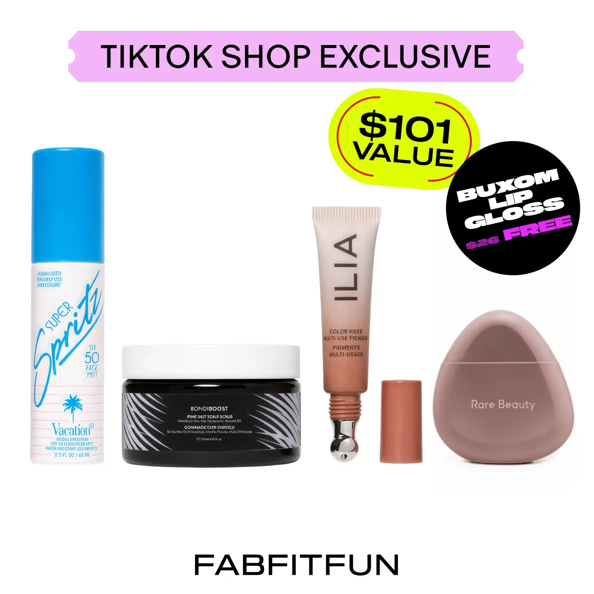 FabFitFun Your-Skin-But-Better Bundle ($101 Value!) | BondiBoost, ILIA, Rare Beauty, Vacation | Sunscreen, Cheek & Lip Tint, Hand Cream, Scalp Scrub