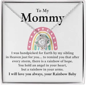 Gold Plated Love Knot Necklace for Mom, Cubic Zirconia Pendant, Rainbow Baby Gift for Mother's Day with Adjustable Chain Length, Female