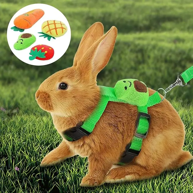 4pcs Cute Fruit shape Small Pet Harness and Leash Set, Adjustable Escape Proof Vest Harness with Cartoon Avocado Carrot Strawberry Pineapple Decor for Rabbit Guinea Pig Hamster Small Animals Walking