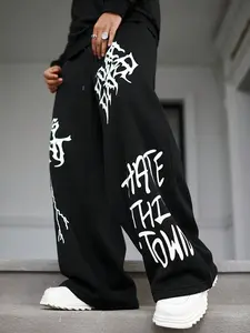 Y2K Streetwear Baggy Graphic Sweatpants for Men Women - Oversized Wide Leg Joggers with Gothic Letter Print - Grunge Aesthetic Loose Trousers for Skater Outfits & Daily Street Style