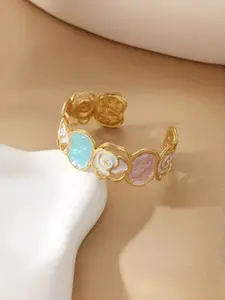 Handcrafted Pastel Enamel Open Cuff Bracelet, Plated Adjustable Stackable Bangle, Vintage Swirl Leaf Cloud Pattern, Gifts for Women