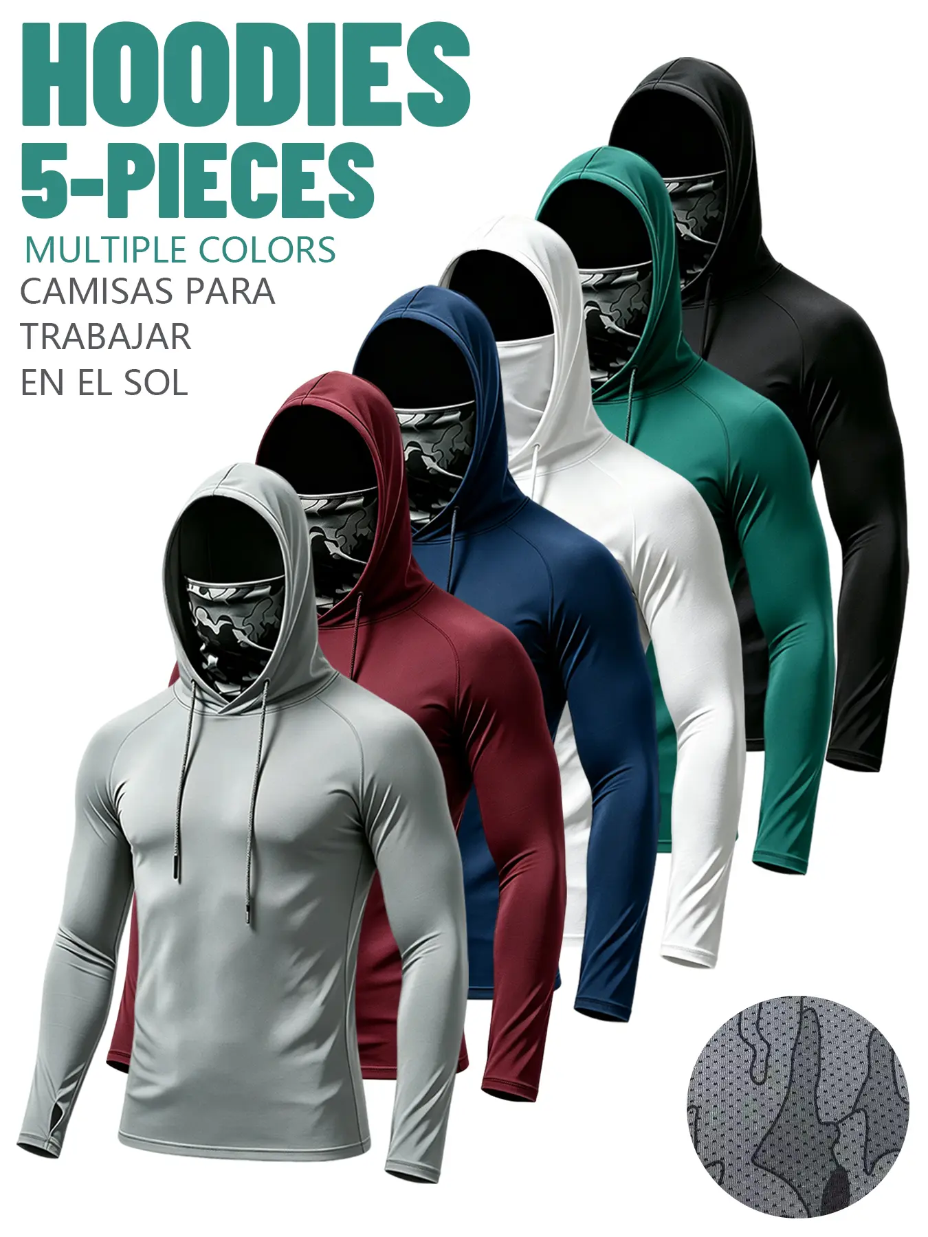 3/5/6 Pack Men's Hooded Shirt with Built-in Face Mask UPF 50+ Sun Protection for Fishing Running Fitness Outdoor Work Polyester Small Compression Athletic