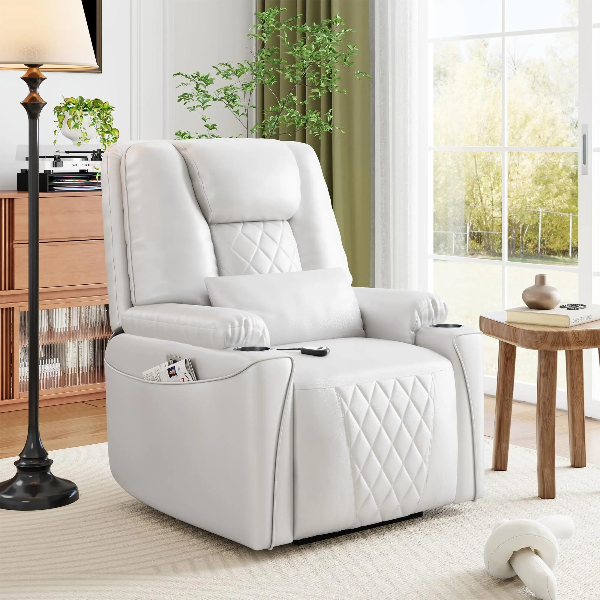 Power Lift Recliner Chair Sofa, PU Leather Reclining with Charging Ports, Cup Holders, Electric Stand Assist for Elderly, Home Theater Seating with Remote for Living Room, White