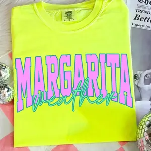 Comfort Colors Margarita Weather Distressed Varsity Shirt, Playful Trendy Summer Graphic Tee, Aesthetic Hot Pink and Teal Summertime Top, Trendy Distressed Beach Vacation Shirt