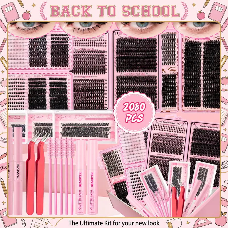 6 Box Mix Lashes Clusters Kit Gift Packs 2080Pcs with 2X Bond&Seal 2 Remover 2 Tweezers 5 Brush in One Gift Box Volume Mega/Bottom Soft Extension False Eyelash D Curl Wispy Natural DIY Individual Fake Eyelashes for Beginners Bulk Pack BacktoSchool, Lash E