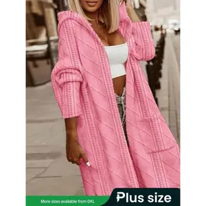 ��Plus Size�� Solid Pocket Drop Shoulder Hooded Jacket, Casual Long Sleeve Open Front Outerwear for Fall & Winter, Women Jackets for Winter, Women's Clothes for Daily Wear Valentine's Day, Gift, Jackets for Women