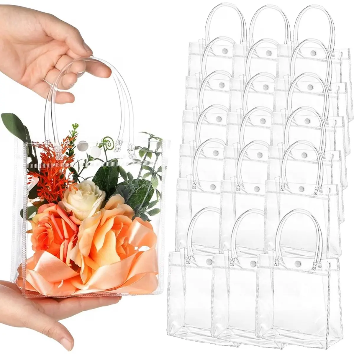 50Pcs Reusable Clear PVC Gift Tote Bags, 7.87×7.87×3.15 Inch Transparent Bags with Handles & Snap Buttons, Waterproof Party Favor Packaging for Wedding, Birthday, Valentine’s Day & Christmas Gift Wrap