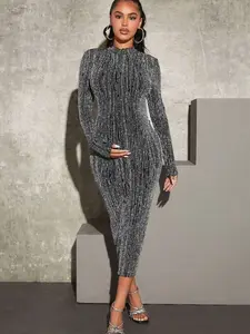 Mock Neck Glitter Bodycon Maternity Dress Long Sleeve Party Ready