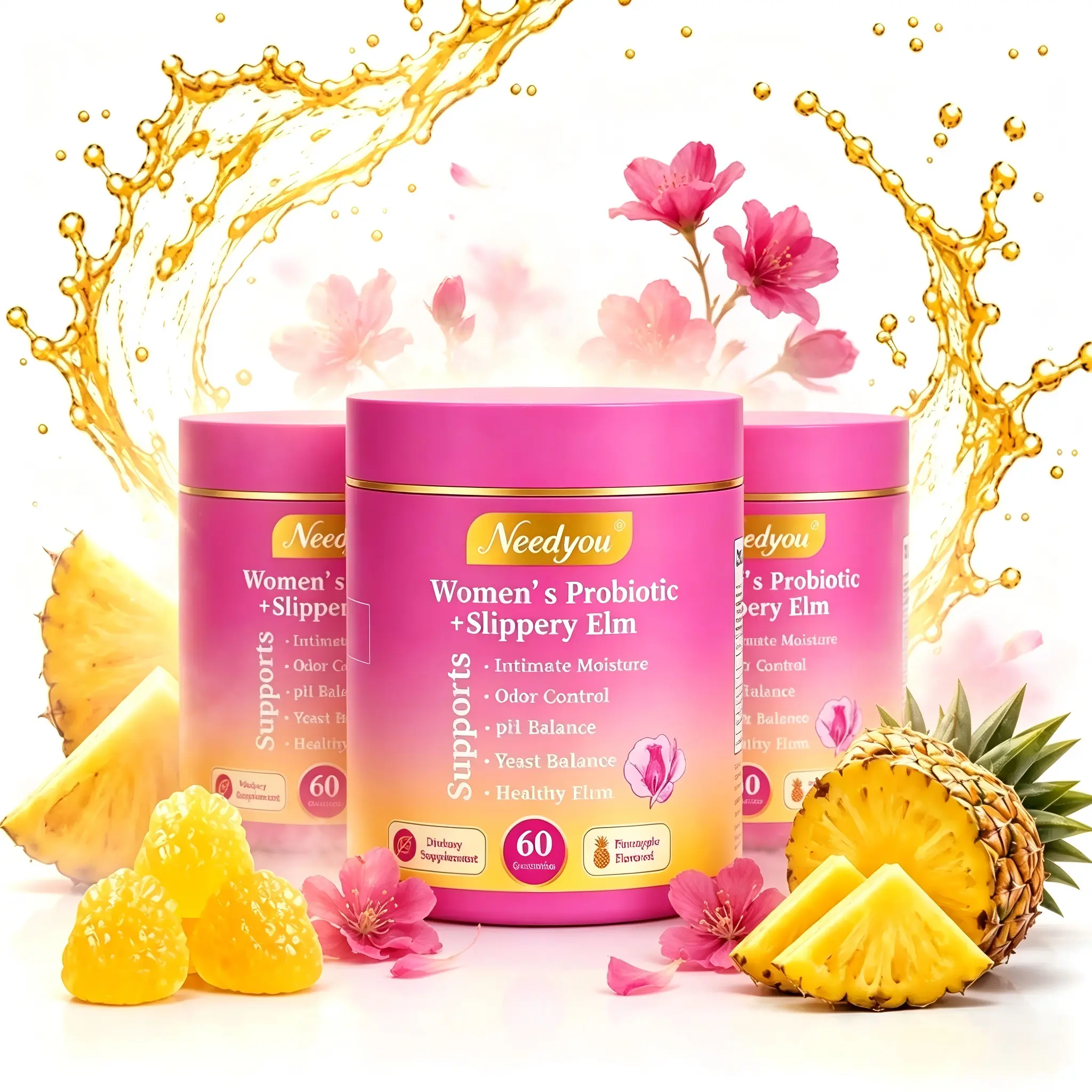 Her Juicy Feminine Probiotics Gummies, Daily Edible Feminine Vitamin Slippery Elm + Prebiotics + Lactobacillus for Dryness Relief & Consistent pH Balance, Pineapple 60 Counts