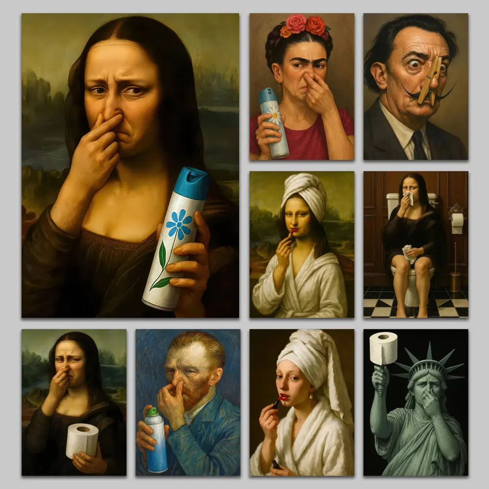 20×30 in Artistic Playful Mona Lisa Parody Frameless Poster - Sturdy Light Wood Canvas Print with Deodorizing Patterns, Home Decor Wall Art, Housewarming Gift