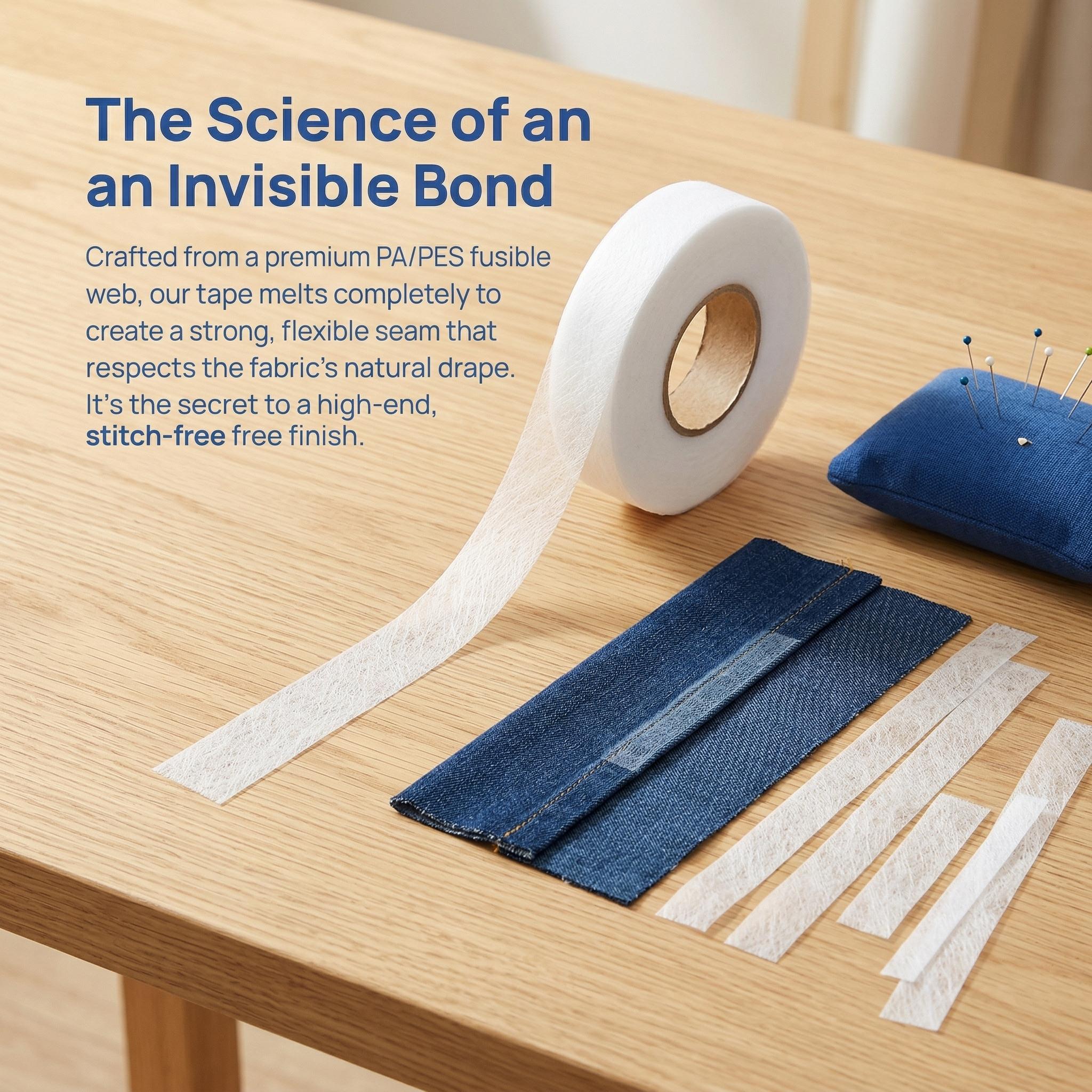 Iron-On Hem Tape, Double-Sided Fusible Bonding Web, No-Sew Fabric Adhesive Roll for Hemming Jeans, Pants, Curtains & DIY Crafts, Extra Long Length, Strong Adhesion, Easy Instant Fabric Repair & Hemming Solution