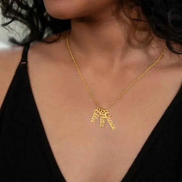 Custom-Made Personalized Multiple Vertical Name Pendant Necklace - Polished Stainless Steel, Cursive Font, 9mm Lobster Clasp, Adjustable Length, Yellow Gold Option, Unisex Names, Adult Casual Accessory, Gift-Ready Luxury Box for Birthday/Anniversary