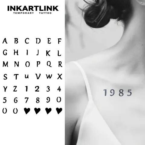 INKARTLINK Tattoo Tech Semi-Permanent Tattoo Stickers - 2 Sheets Stylized Alphabets & Numbers, Waterproof, 1-2 Weeks Long-Lasting, Realistic, No-Adhesive, No-Reflection, Glamorous Predrawn Art, All Skin Types, Ideal for Swimming, Parties (Adults)