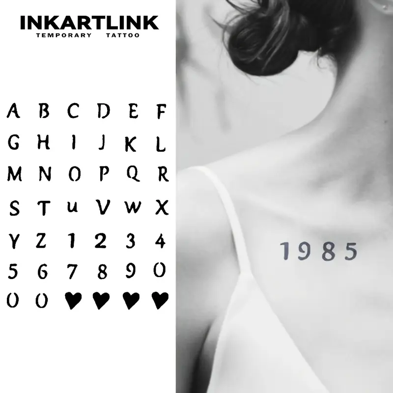 INKARTLINK Tattoo Tech Semi-Permanent Tattoo Stickers - 2 Sheets Stylized Alphabets & Numbers, Waterproof, 1-2 Weeks Long-Lasting, Realistic, No-Adhesive, No-Reflection, Glamorous Predrawn Art, All Skin Types, Ideal for Swimming, Parties (Adults)