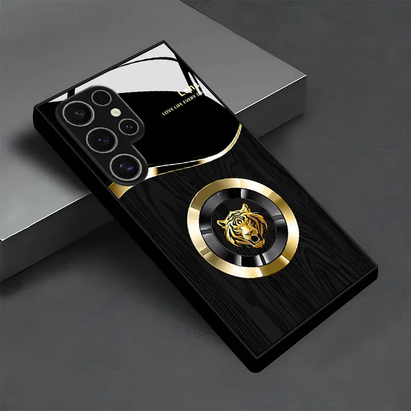 Black textured glass phone case with a high-end golden tiger head round logo pattern Compatible with Samsung Galaxy S25, S25 Ultra, S25 Edge, S25 Plus, S24, S24 Ultra, S23, S23 Ultra, S22, and S22 Ultra Series Models, Gallery Case A