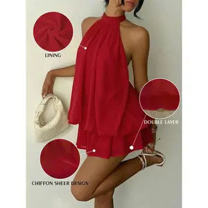 EcoNutri Women’s Summer Fashion Party Halter Neck Tie Mini Dress, 2026 Slim Fit Casual Elegant Short Sleeveless Dress, Breathable Lightweight Summer Vibes, Suitable for Home, Outdoor, Urban Style Elegant Dress