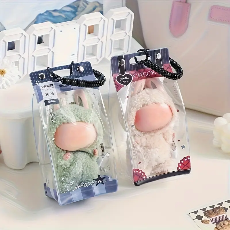 Labu Transparent Series Plush Doll Protective Cover - PVC Material, Multiple Colors Available, Display Stand Suitable for Backpack Decor and Indoor/Outdoor Vintage Theme Accessories, Transparent Dustproof Cover, Plush Toy Storage Carrier for Outings