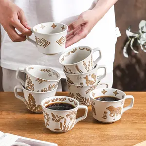 Ceramic coffee cup, water cup, breakfast cup, hand-painted embossed high-value household large-capacity breakfast mug, Drinkware