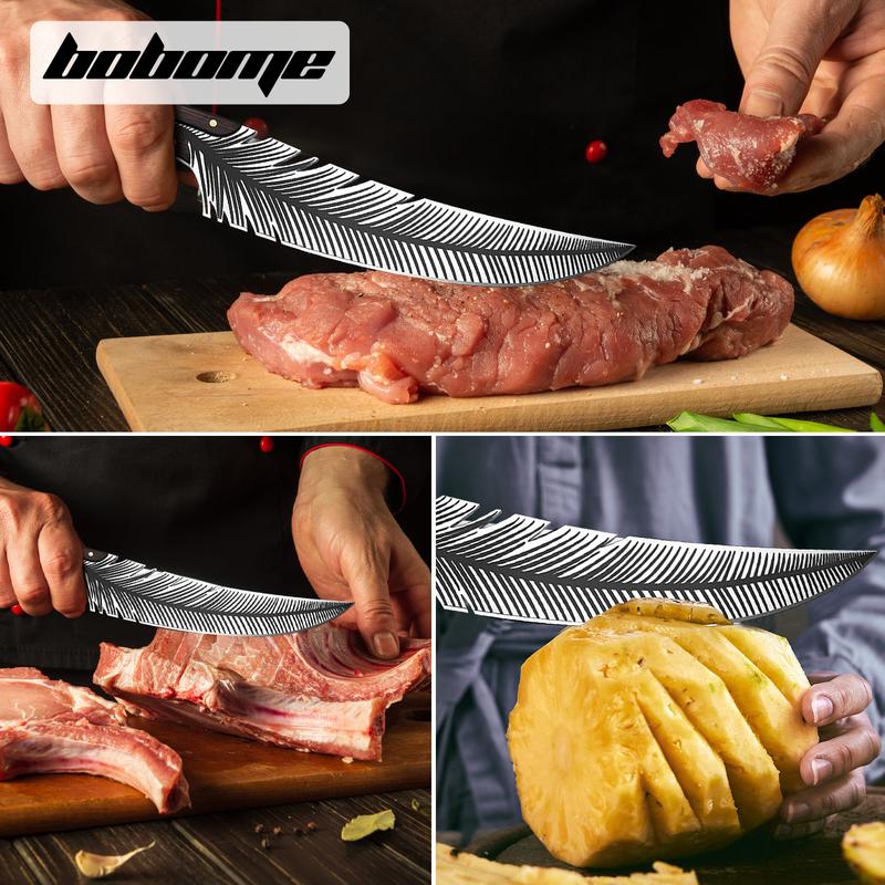 Japan Knife Feather Knife Hand Forged Viking Knife,Boning knife for Meat Cutting Japanese Chef Knives with Sheath,High Carbon Steel 8.3 Inches Blade Length - Wooden