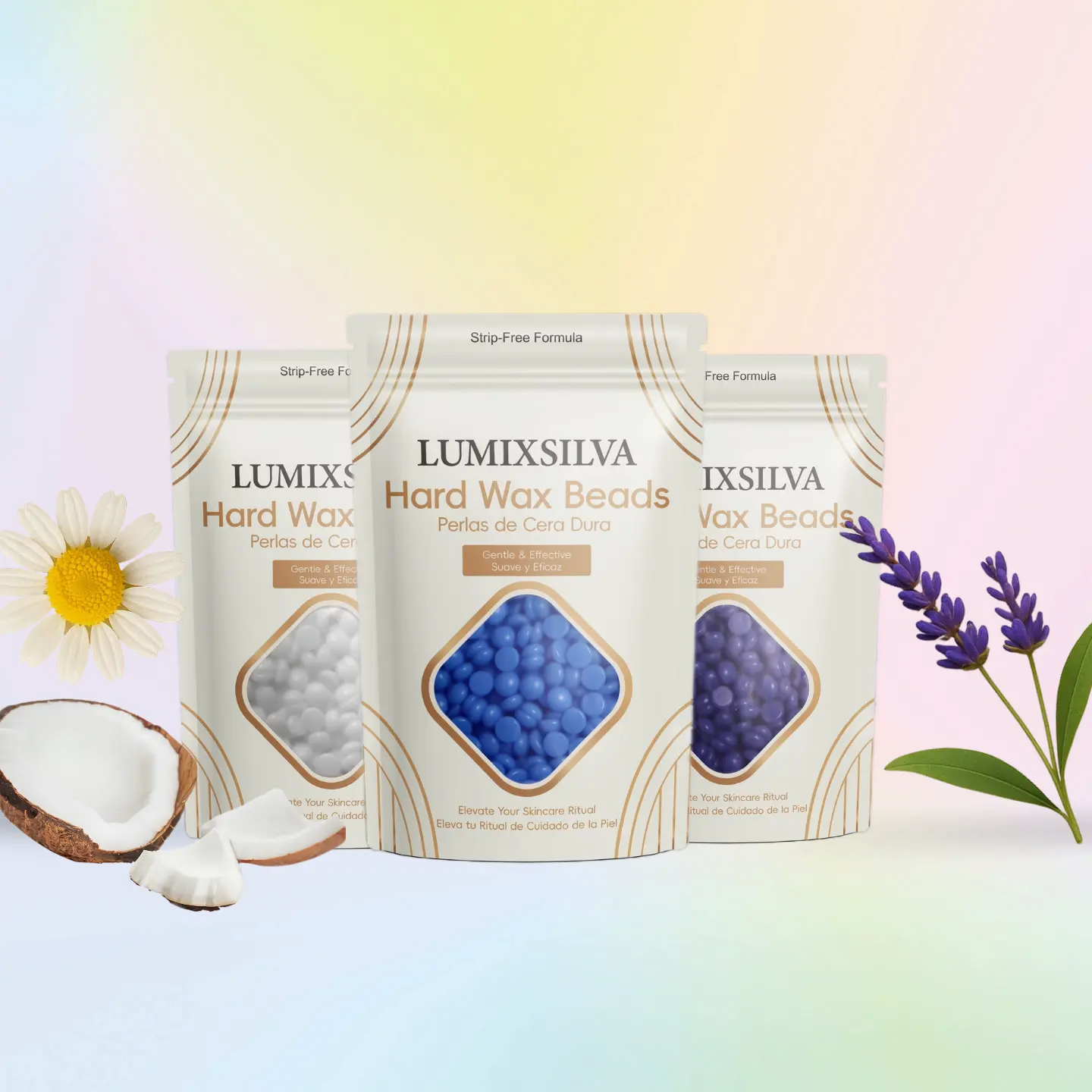 LUMIXSILVA Brazilian Bikini Wax Beads Hard Wax for Facial Body & Leg Hair Removal 3.53oz 3-Pack Assorted Flavours with 10 Applicator Sticks Gentle Formula for All Skin Types Fragrance Tea Tree