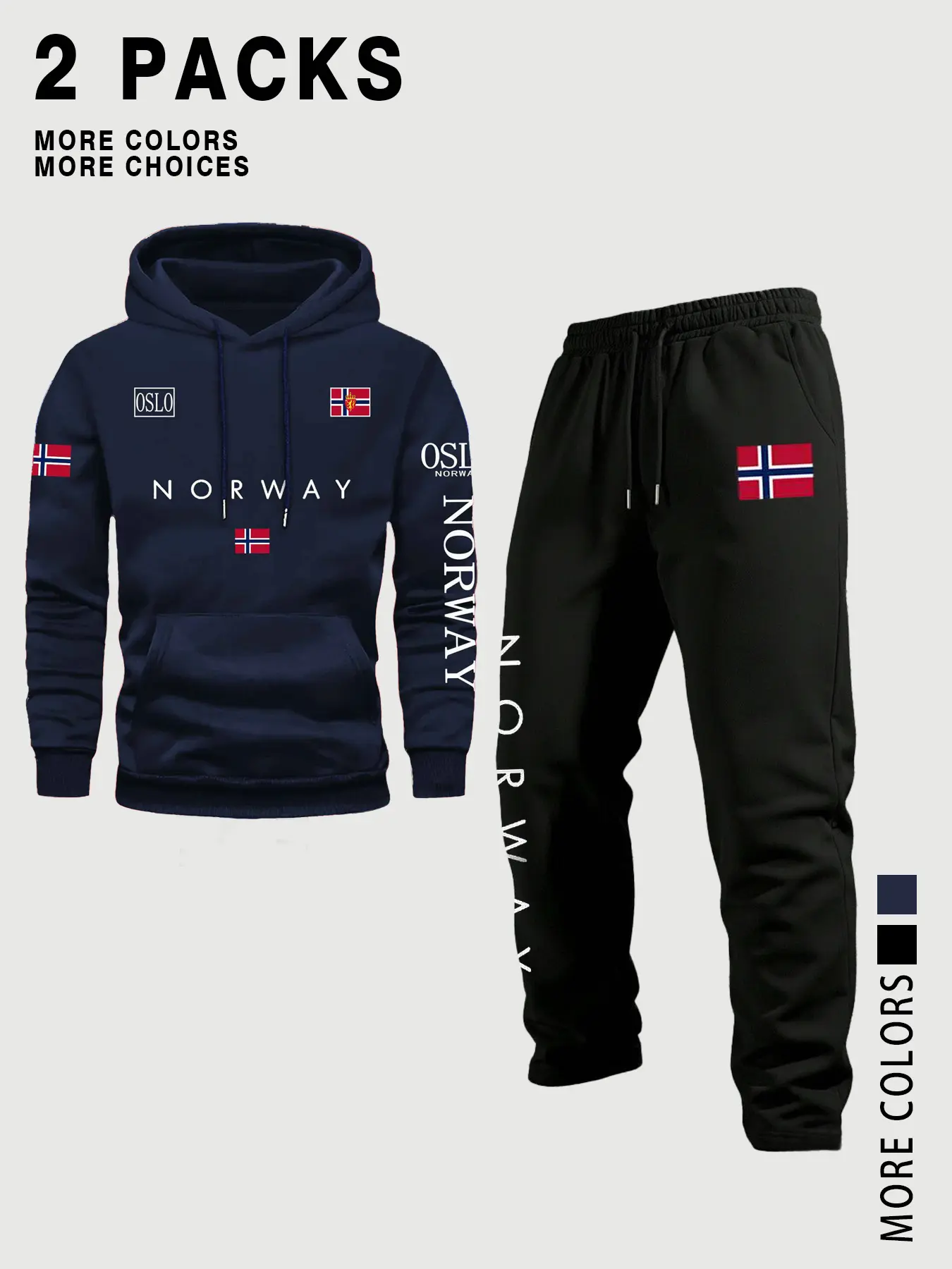Men's Norwegian Culture Hoodie Set, 2 Piece Long Sleeve Fitted Sweater & Pants, Casual Streetwear for Fall & Winter