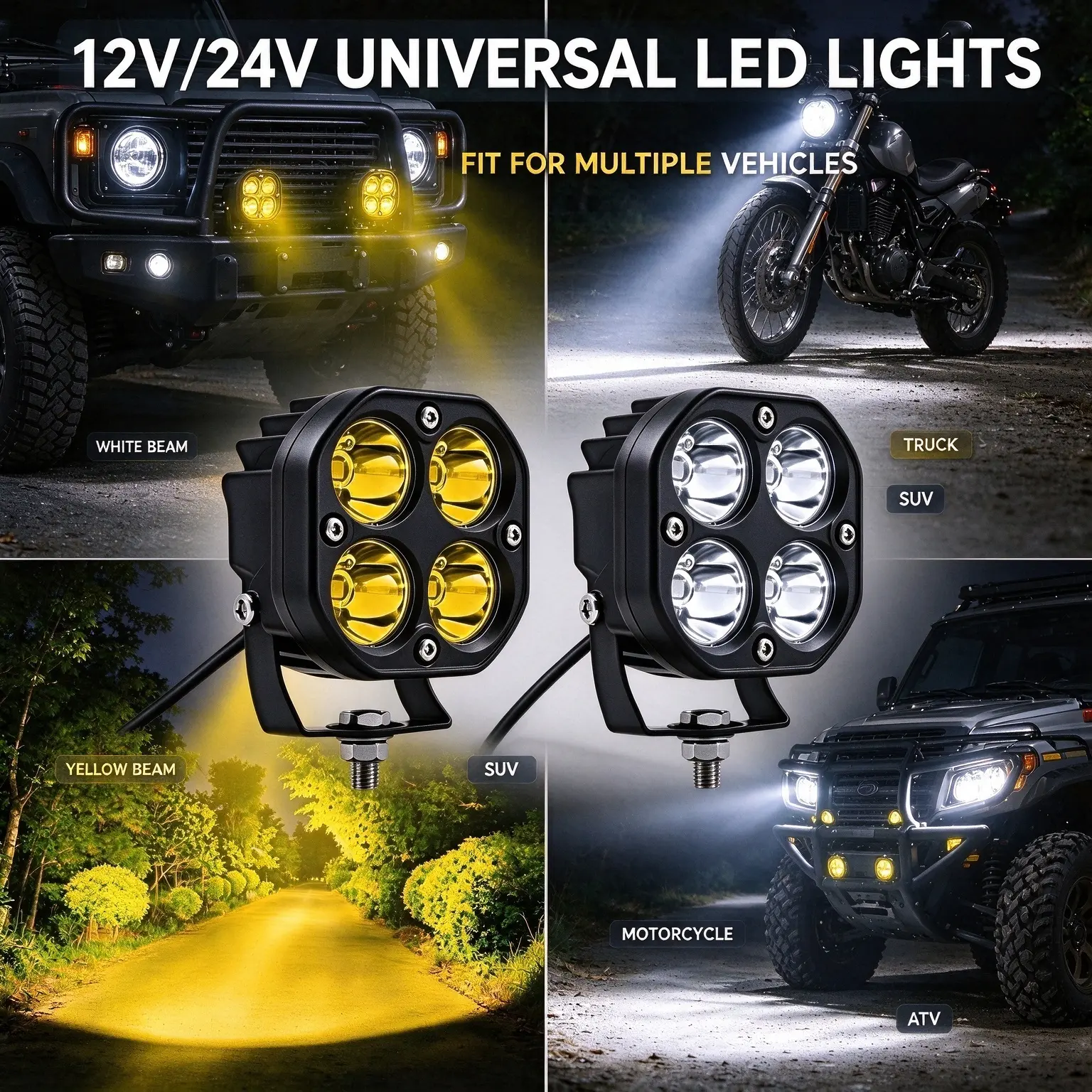 Pair of High-End 4-LED Beads Amber Spotlight, 12V/24V Flood-Focus Driving Bumper Light with Optical Lens Long Range, Strong Rain Fog Penetration Cube Pod, Dual Color Rocker Switch for SUV ATV UTV Motorcycle