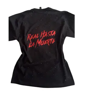 RHLM Glitter and Rhinestones Cotton Tee Unisex Black with Red Text Real Hasta la Muerte Tshirt