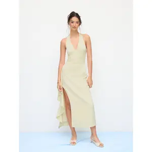 Cider Women's Satin Halter V-Neck Split Draped Maxi Dress SwimWeek