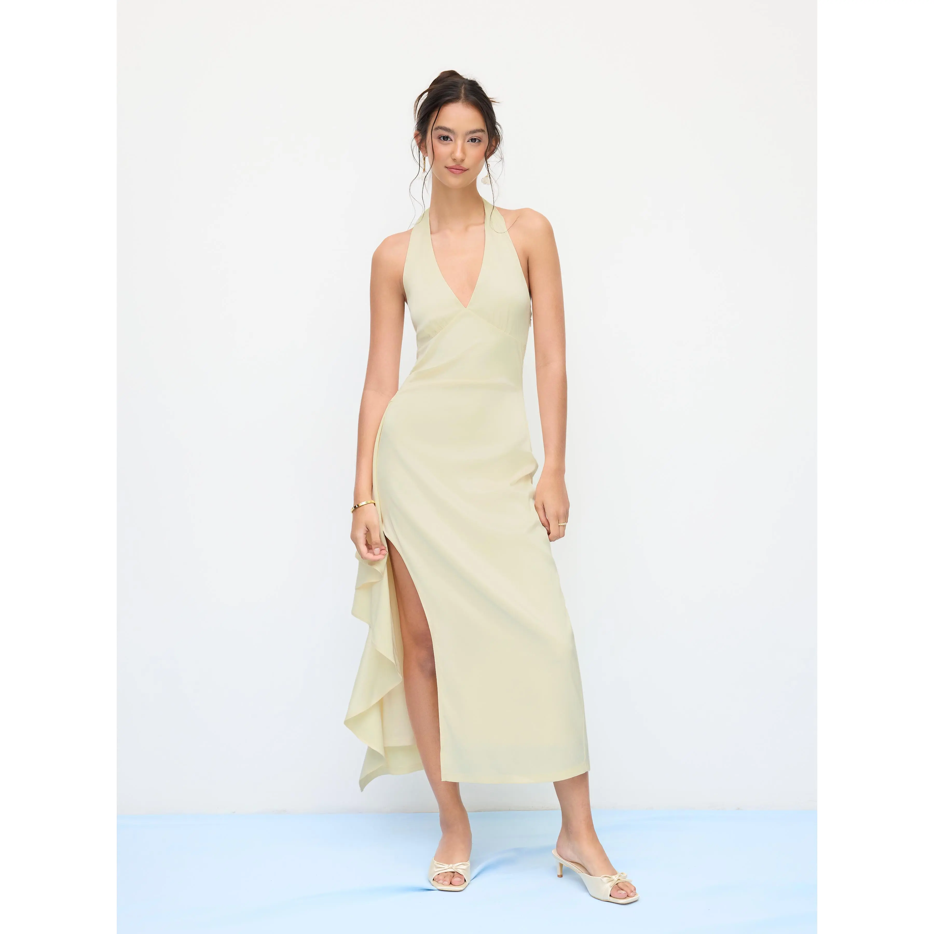 Cider Women's Satin Halter V-Neck Split Draped Maxi Dress SwimWeek - TikTok  Shop