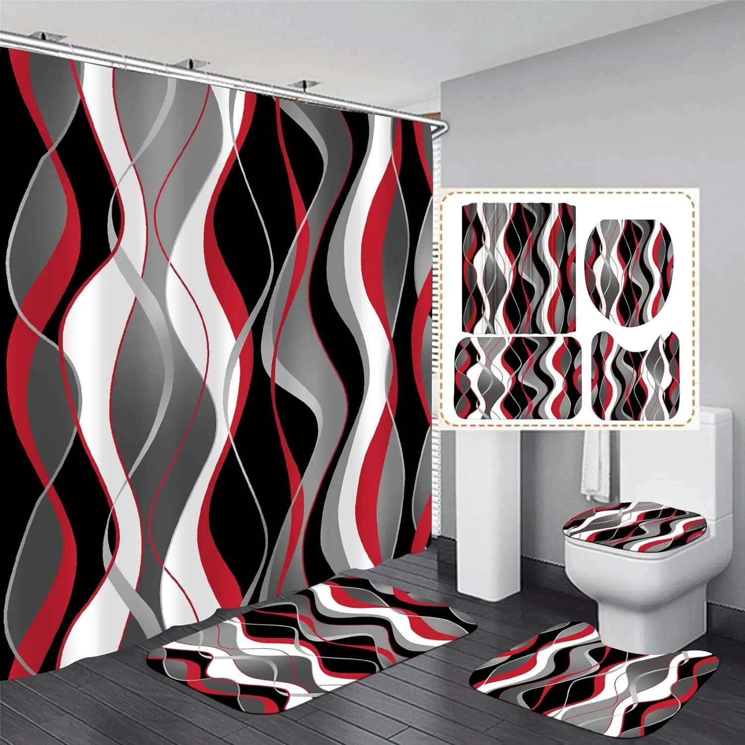 4 count Red and Black Shower Curtain Set Grey and White Bathroom Sets with Shower Curtain and Rugs Modern Striped Bathroom Decor Accessories Shower Curtains for Bathroom Toilet Lid Cover Hooks