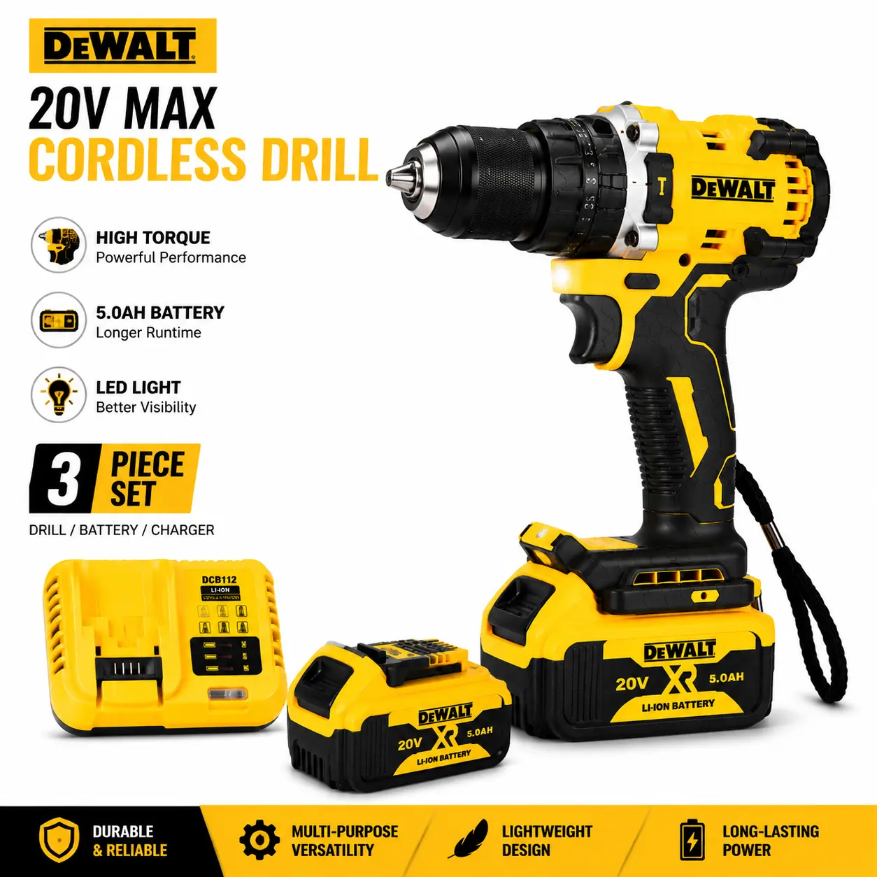 DEWALT Yellow Rechargeable Cordless Handheld Drill Kit - High Torque Drilling, Screw Driving, Durable Metal Gears, Strong Plastic Housing, Wireless Design, Lightweight Drills for Home Repair, Garage Projects