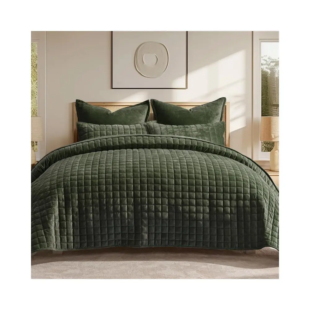 Luxury Velvet Quilt Set Full Queen Size, Lightweight Velvet Comforter Set, Oversized Bedspread Coverlet Quilted Bedding Set, with 2 Matching Pillow Shams, for All Season, Olive Green