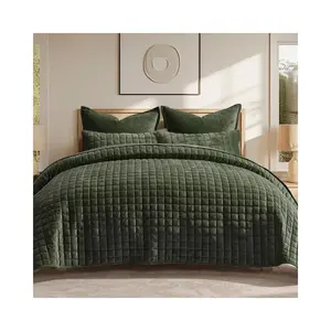 Luxury Velvet Quilt Set Full Queen Size, Lightweight Velvet Comforter Set, Oversized Bedspread Coverlet Quilted Bedding Set, with 2 Matching Pillow Shams, for All Season, Olive Green