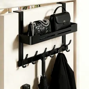 Aluminium Rust-Resistant Over-the-Rack Door Hangers - Drill-Free, Lightweight Black, 5-Hook Home Organizer, Easy Installation, Stable for Hats, Keys, Towels, Ideal for Hallways (Apartment Accessory)