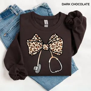 Nurse Leopard Bow Sweatshirt, Stethoscope Bow Shirt, Nurse Coquette Shirt, Gift for Nurse, Healthcare Shirt, Nurse Appreciation