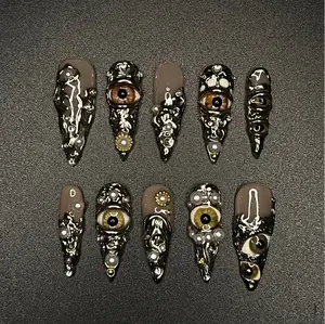 137. Gothic Melting Eye Press-On Nails, 3D Realistic Eyeballs, Chrome Black Molten Metal, Baroque Pearls & Gold Studs, Horror Glam Vibes, Handmade Art Nails, Halloween Ready
