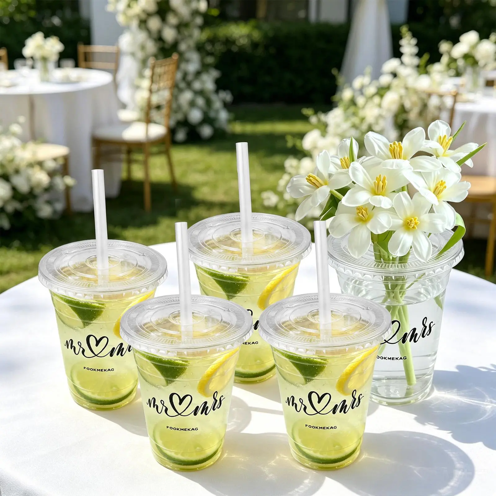 100 plastic wedding cups, 16 oz, leak-proof and durable, BPA-free, highly transparent, ideal for cold beverages—perfect as bulk disposable clear plastic drinkware for weddings, bridal showers, engagement parties, and other decorative events. catering