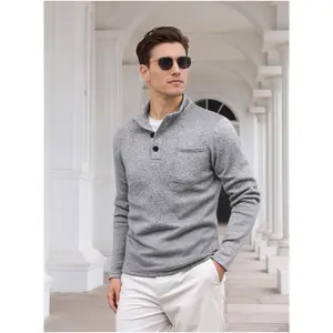 Men's Casual Henley Pullover Sweatshirt Thermal Fleece Slim Fit Sweater with Ribbed Stand Collar & Front Pocket Long Sleeve Stretch Fabric for Autumn