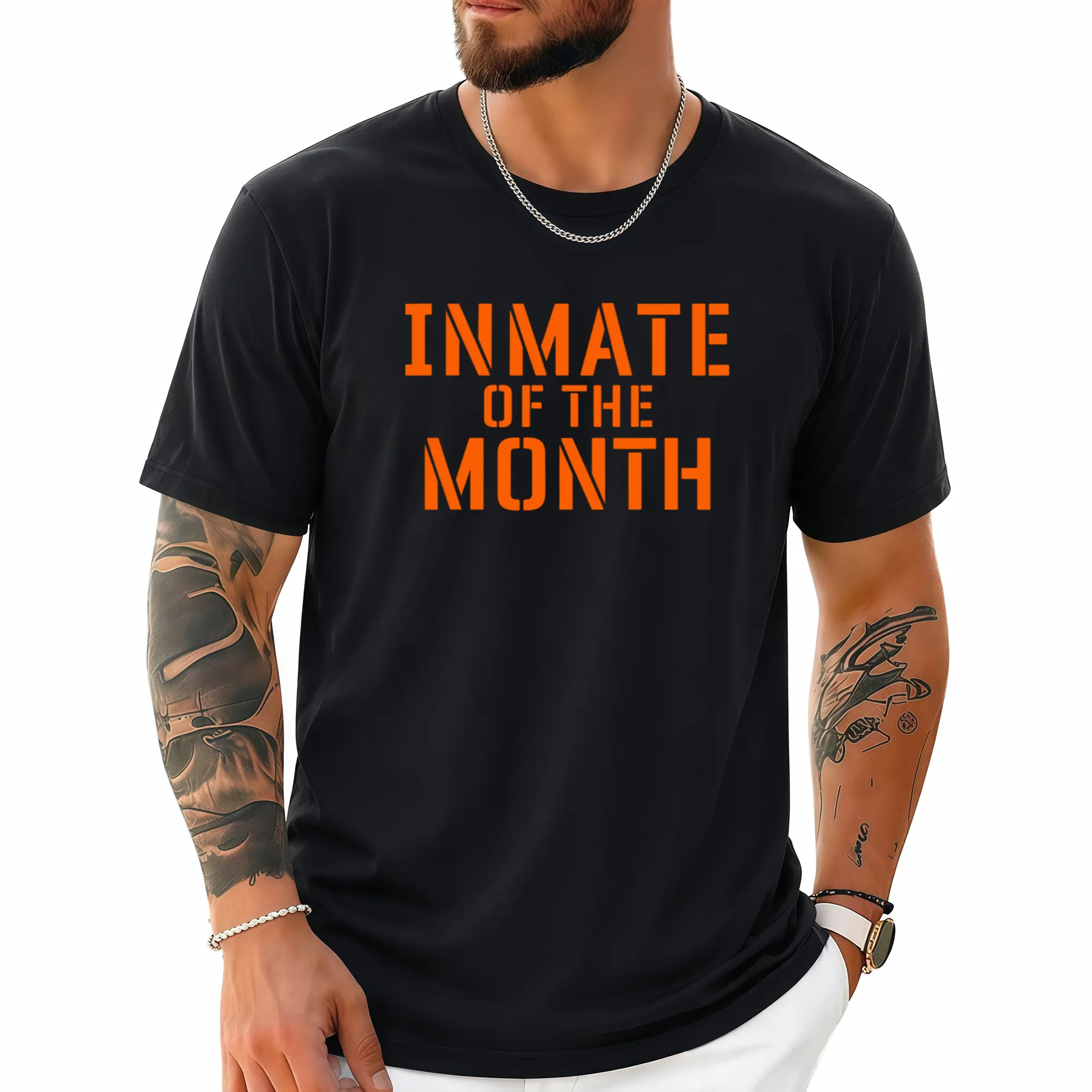 Inmate of The Month Prison Jail Funny Halloween Easy Costume T-Shirt, 100%, Gift for Men Women Dad Mom Friends, S-XXXL, Black Super Soft And Breathable Fabric Casual Wear, Short Sleeves, Regular Fit, Wear All Seasons, Plus Size