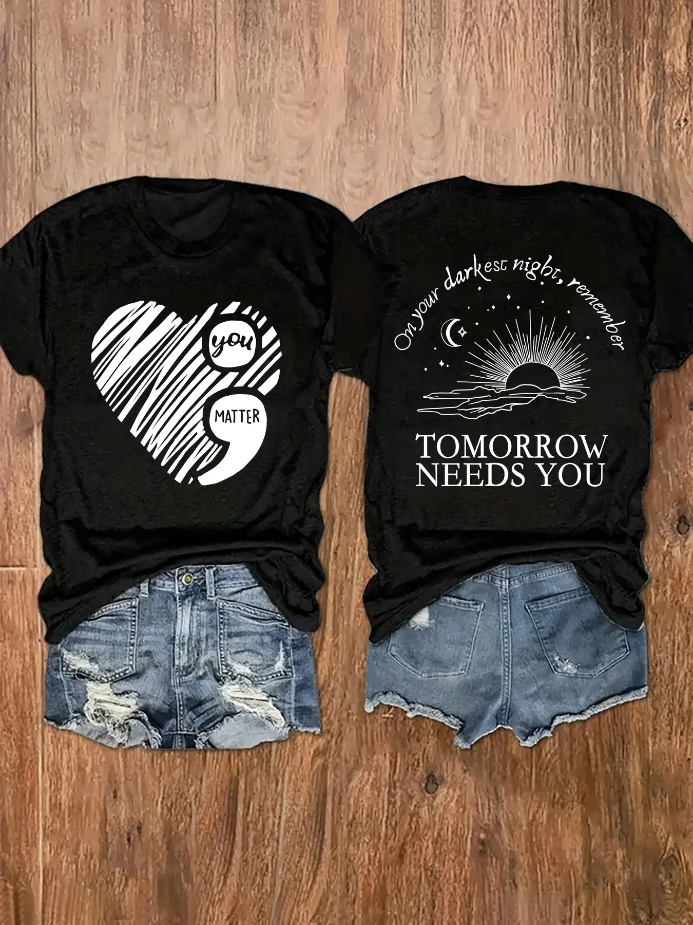 Unisex Black Cotton Short-Sleeve Top - Mental Health Positive Quote Front & Back Print, Heart Design, Flannel Accent Cardigan-Compatible T-Shirt