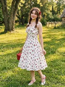 RETRO STAGE Women's 1950s Cherry Bow Sweetheart Neck Casual Dress, Boho Chic Elegant White Casual Dress