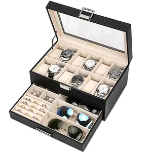 Voova Jewelry Box Watch Boxes Organizer for Men Women, 2 Layer Large 12 Slot PU Leather Watch Storage Case, Glass Top Jewelry Display Holder for Watches Sunglasses Rings Necklaces Bracelets,Black,Grey,Blue,Brown,Wood-grey