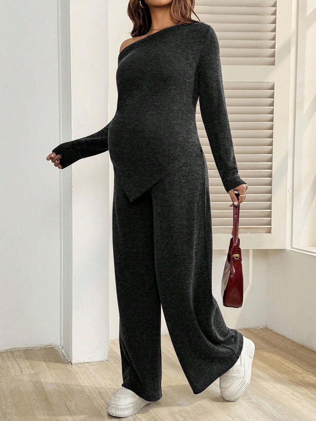 ZESTY MATERNITY Pregnant Women Casual Solid Color Asymmetric Top And Pants Set Stylish Maternity Two Piece Set Everyday Wear Autumn Season