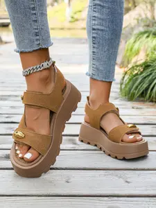 Women's Thick Sole Roman Sandals, Summer Fashion Casual PU Leather Slippers, Soft Rubber Outwear Shoes, Plain Design