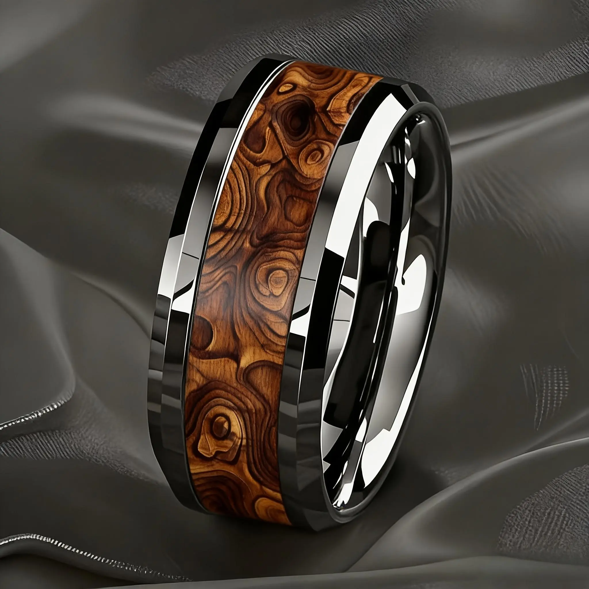 Fashion 8mm Silver Color Men Stainless Steel Ring With Brown Koa Wood Grain Inlay Rings for Men Women Wedding Band Jewelry Gift