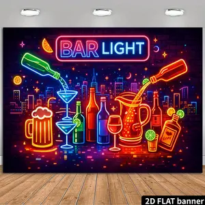 Neon Color Throws 2D Flat Neon Bar Themed Backdrop, Urban Night Scene Style with Pouring Motion, Beer Mugs, Cocktail Shaker Elements, Durable Material, No Power Supply Required