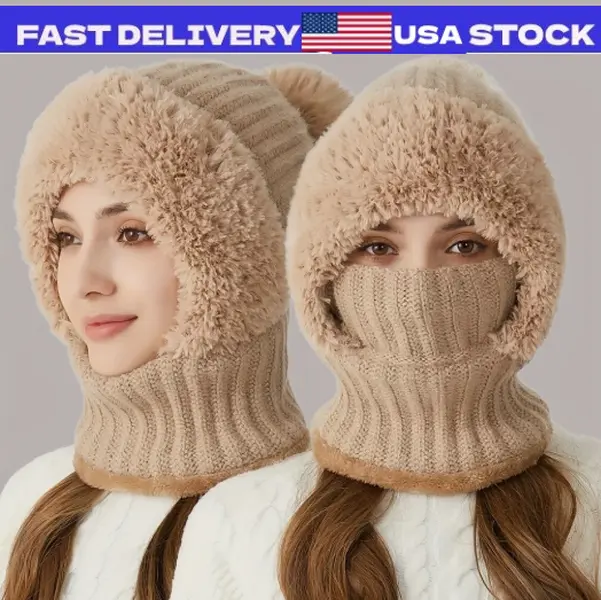3 in 1 Women Beanie Cap Bobble Scarf Mask Set Knitted Winter Warm Snow Ski Cap