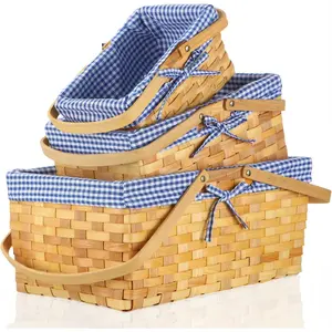 3 count Different Sizes Picnic Basket with Handles Spring Plaid Gingham Checkered Liner Basket Rustic Woven Hamper for Picnic Camping Outdoor Egg Gathering Candy (Blue)