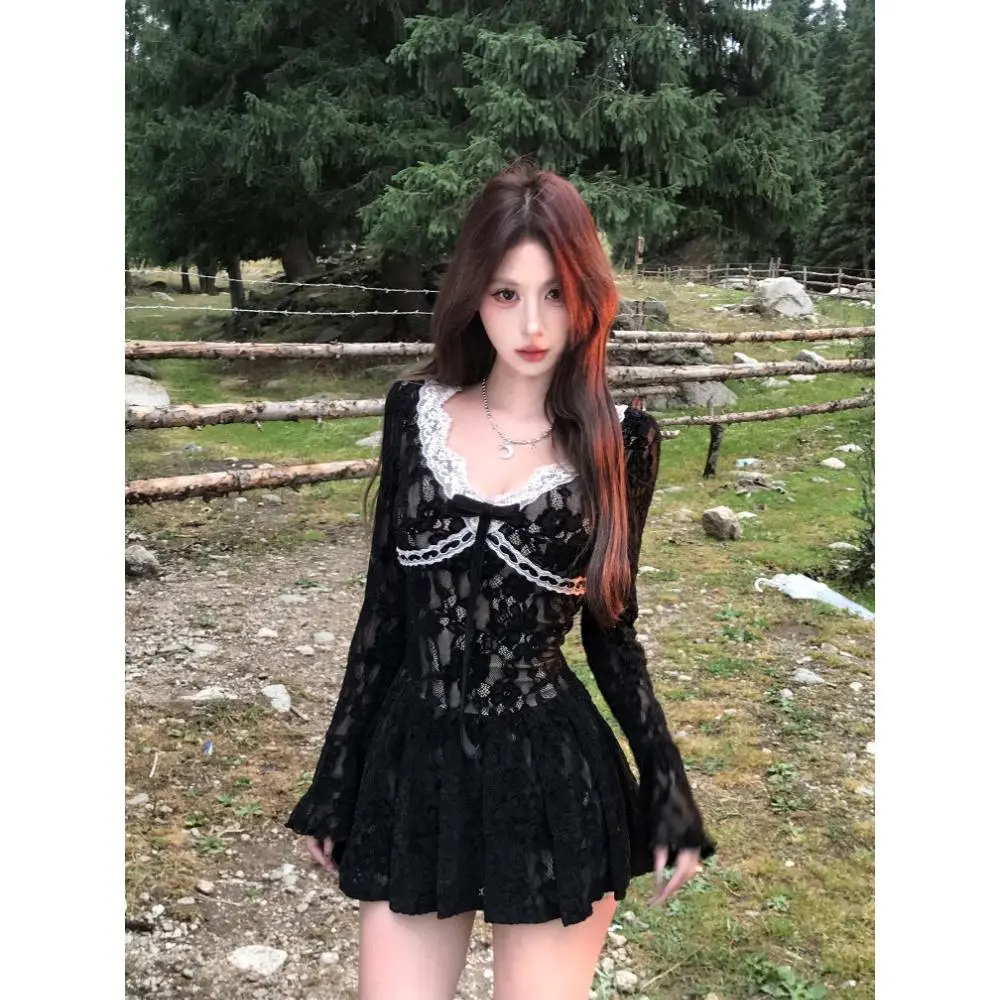 Autumn Design Sexy Black Lace V-neck Dress Women High Street Hepburn Chic Patchwork Dresses Female Darkly Gothic Slim Dresses