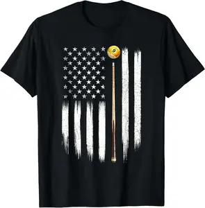 100% Cotton Billiard US Flag - 8 Ball Billiard Game Pool Player T-Shirt